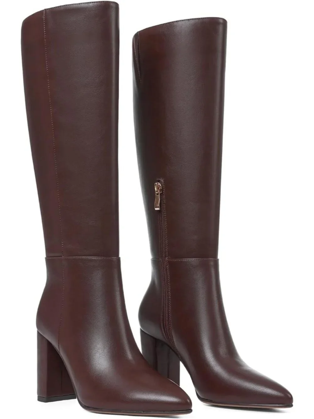 Women's Dark Brown Chunky Heel Pointed Toe Non Slip Side Zipper Knee High Boots